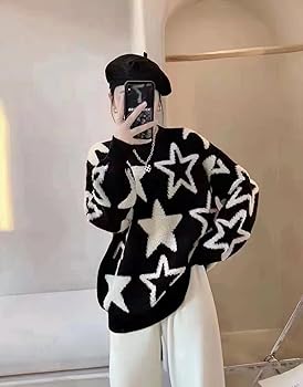 Y2K Stars Grandpa Sweater Grunge Baggy Knitted Pullover