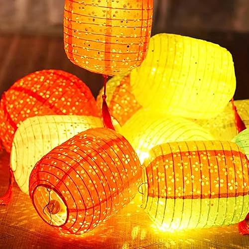 Miniatura 6 de 12 linternas de papel chinas, japonesas con luces LED, barra de borla, 8 pulgadas, ovaladas, decorativas, para decoración de Año Nuevo, decoración