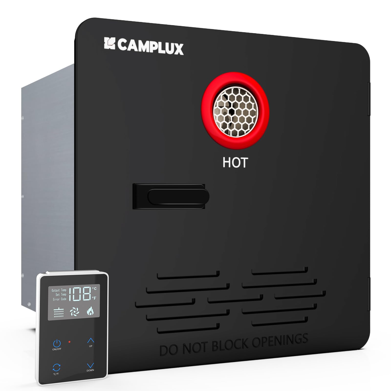 CAMPLUX Classic RV Propane Water Heater 65,000 BTU, 2.64 GPM RV On-demand Hot Water Heaters with 15 x 15 Inches Black Door and Remote Controller, Built-in Pressure Relief Valve