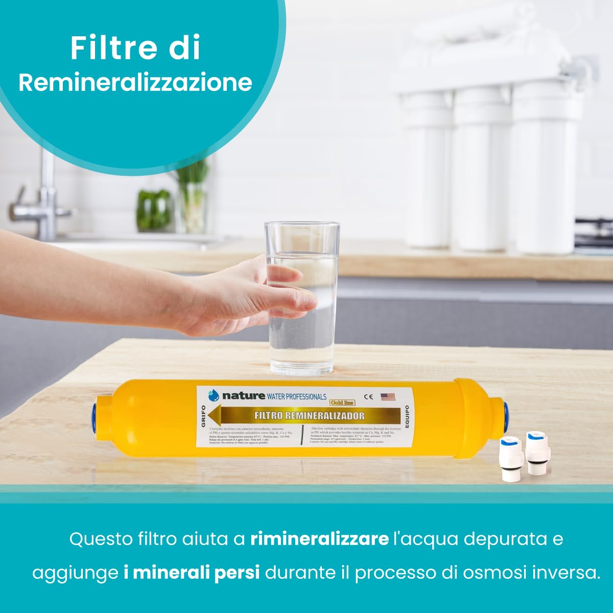 NATURE WATER PROFESSIONALS Filtro rimineralizzante - Ideale come sostituto dell'osmosi inversa - Fornisce ioni di calcio, magnesio, sodio e potassio all'acqua - Professionisti dell'acqua naturale