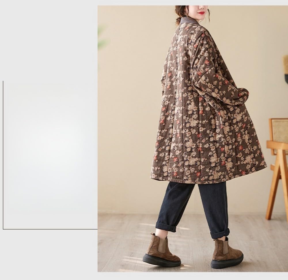 Damen Wintermäntel,Gesteppt,Lange,Lockere Kimono Jacke,Vintage Trenchcoat Mit Braunem V Ausschnitt,Schnalle,Pflaumenblüten Druck,Lässig,Warm,Baumwoll Leinen,Übergangs Outwear Mit Taschen