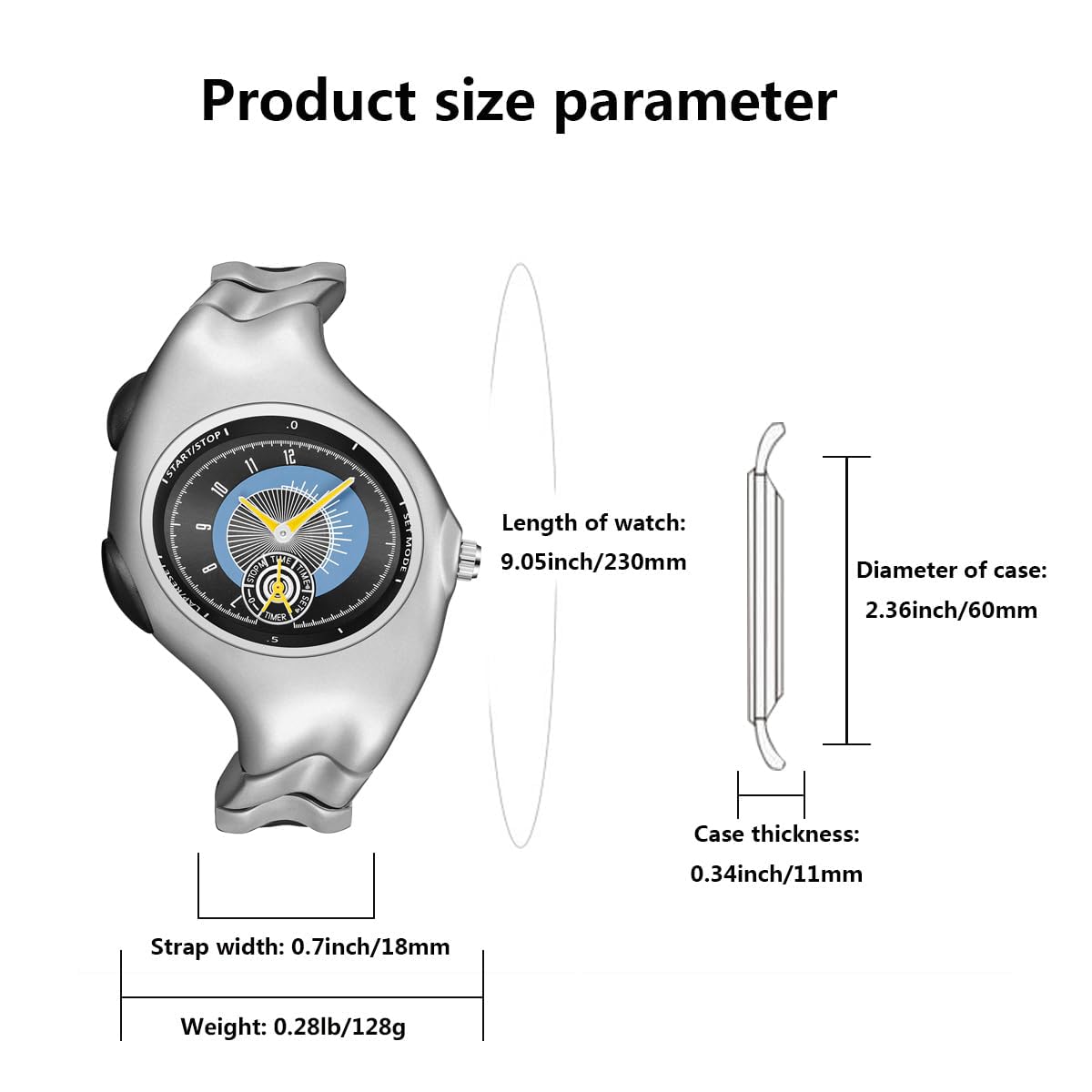 MASTOP Reloj de pulsera futurista de metal de cuarzo para hombres y mujeres, diseño moderno único con correa de acero inoxidable, esfera grande de 60 mm, reloj analógico deportivo de moda para regalo