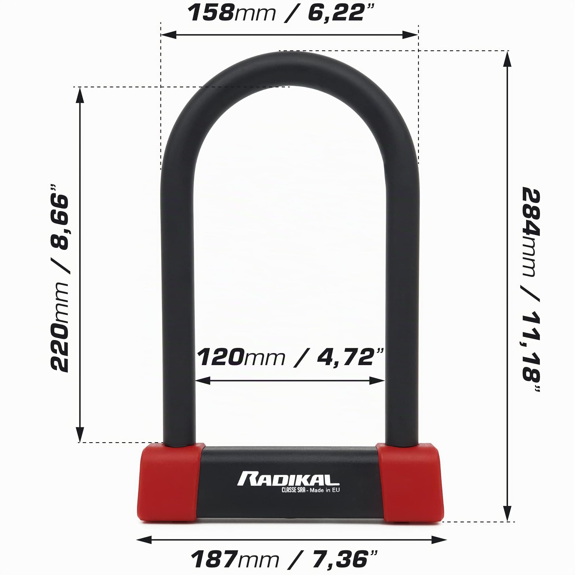 RADIKAL RK120220 Antivol Moto et Vélo Premium Homologué SRA, U Ø18mm en Acier Cémenté, Blocage Haute Sécurité, Double Verrouillage, Revêtement Protecteur, Antivol Vélo Électrique Scooter, 120x220mm