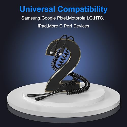 Miniatura 8 de Cable USB C para Android Auto de carga rápida, 3 pies + 6 pies, retráctil en espiral tipo C a C, cable de carga de teléfono para Samsung Galaxy A17