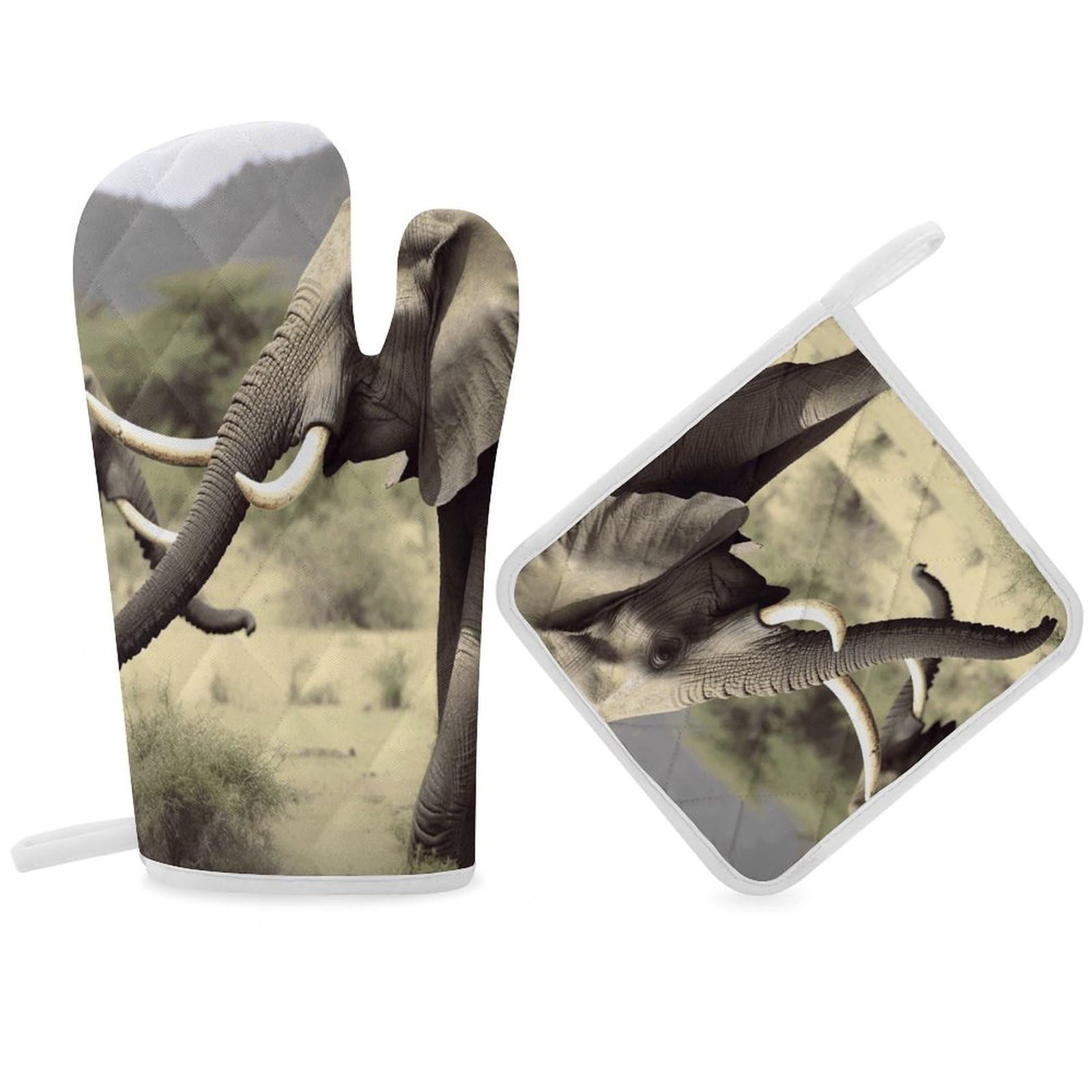 Fodpand Women's Style Elephants Animals Oven Mitts And Pot Holders Sets,Oven Gloves For Kitchen Oven Mitts And Potholders For Baking Cooking Grilling Apartment Essentials
