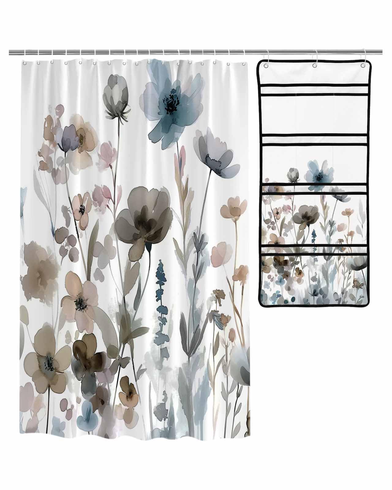 ZFUNCING Shower Curtain Mesh Shower Organizer Set Watercolor Botanical Flower on White Waterproof Bath Curtains Hanging Shower Caddy