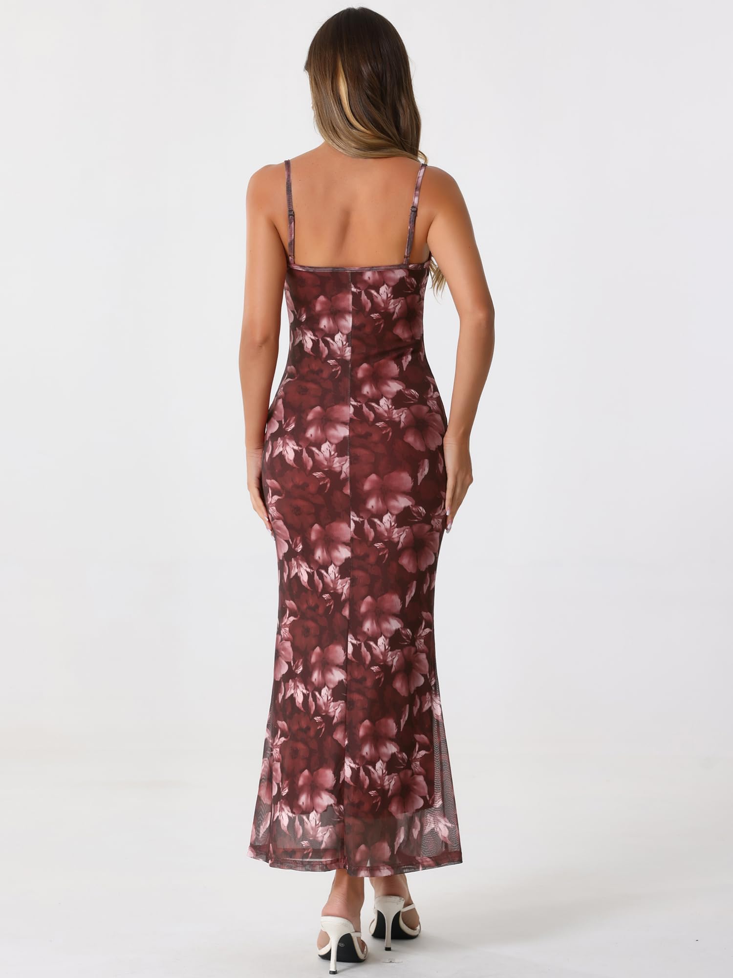 Allegra K Vestido largo de malla floral para mujer, vestido de cóctel ajustado con tirantes delgados, para invitada de boda
