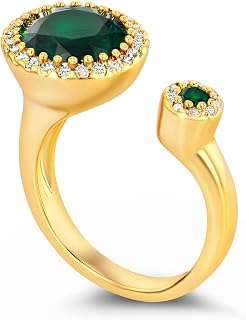 Green Emerald CZ Adjustable Unique Statement Open Ring for Women by SNGIA, Summer Beach Handmade Double Gemstone Stackable Wedding Date Birthday Gift, Statement Stone Irregular Trendy Ribbed Jewelry, Textured Patterned Fashion Accessories, Vintage Hammered Circular Nickle Free Gifts.
