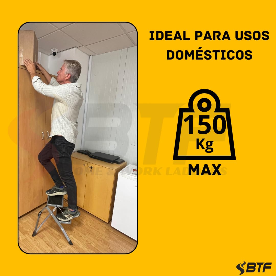 BTF Mini Escalera plegable de 2 Peldaños de 20x30 cm - 20cm de profundo, goma antideslizante y asa de sujetación | Medidas cerrada 49,5x3,6x54,5 cm Certificada GS TüV Rheinland EN14183 Carga de 150 kg
