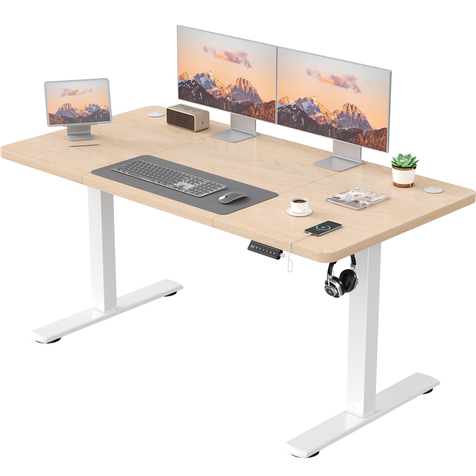 JUMMICO Electric Desk Height Adjustable with USB Charging Port, Height Adjustable Desk, Ergonomic Sit Stand Desks 180 x 80 cm, Beige