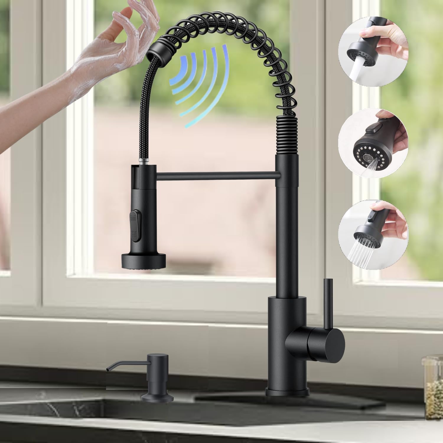 Smart Touch On Kitchen Faucet, 3 Modes Pull Down Sprayer, Touch On Sensor Activated, 360-Degree Rotation, Ceramic Disc Valve, 1 or 3 Hole Deck Plate. 10-Year Warranty. (KW-62R, Matt Black)