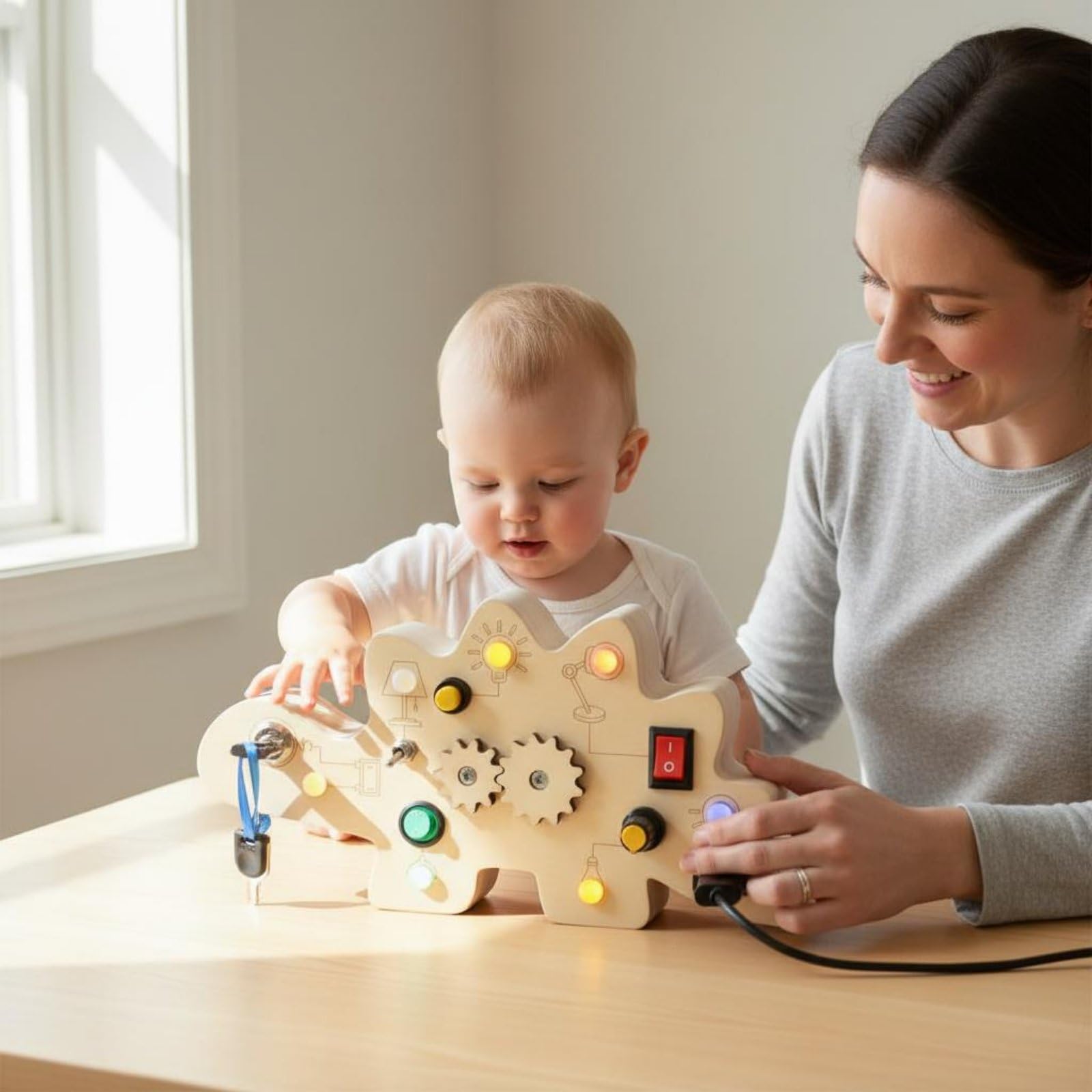 MagiDeal Learning Board Tavola Didattica Sensoriale Pannello attività in Legno con Ingranaggi E Luci LED Adatta a Abilità Fini Curiosità Casa Scuola, Grande+QuadroSwitch