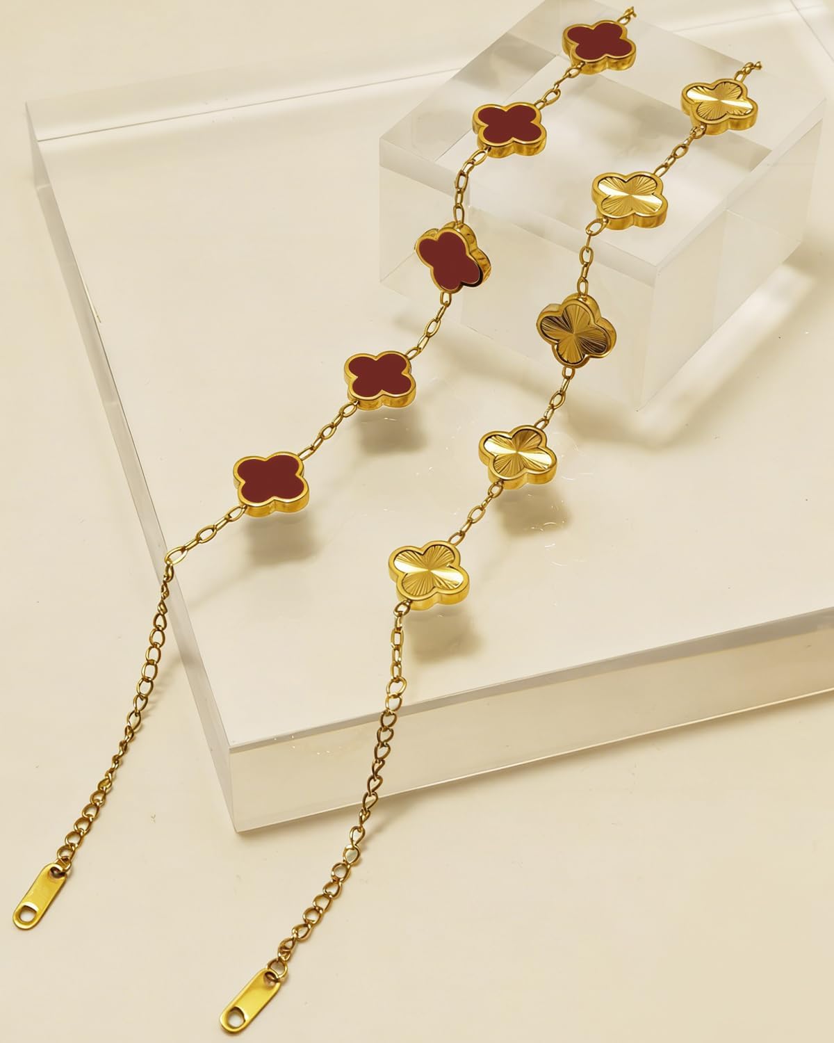 18K Gold Plated Bracelets for Women Non Tarnish, Golden/Red/White/Black Four Leaf Clover Bracelet Charm Bracelets for Women Trendy Mothers Day Gift for Her