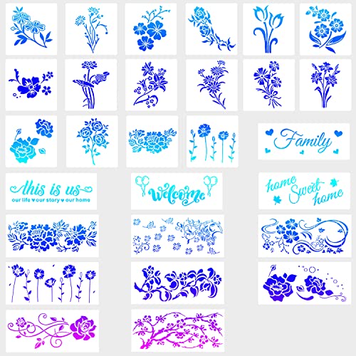 OBSGUMU 28 Piezas Plantilla de Pintura Plantilla de Floral Plantilla de Letras para Dibujar Decorativa Reutilizable para Decoración de Pared Ventana Madera Proyecto de Impresión, 20*20 cm Cover
