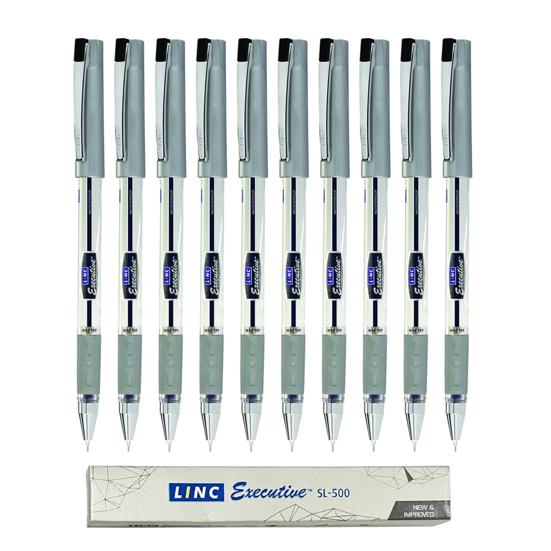 Linc Executive SL-500 Gel Pens, BLACK, Fine Point (0.55mm), Pack of 10, Comfortable Elastomeric Rubber Grip, Lubriflow Ink System, School Office Home Pens, LNEXSPPBK10