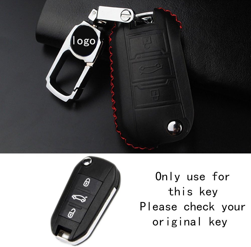 RAOPING Car Key Cover Case holder for Peugeot 206 207 208 301 307 308 406 407 408 508 2008 3008 4008 Zinc alloy+Leather folding key protect shell Auto Key accessories (Black Red line)