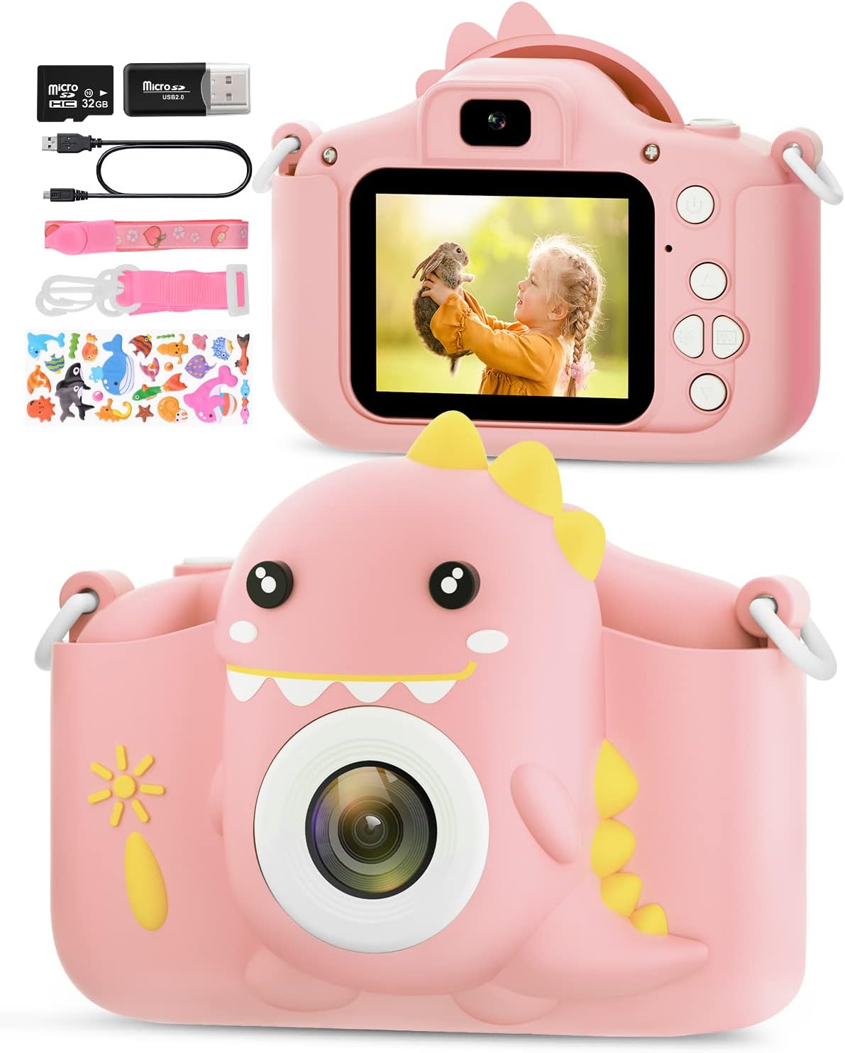 Kids Camera for 3-12 Years Old, 2.0 Inch Screen 1080P HD Toddlers Childrens Boys Girls Christmas Birthday Gifts Selfie Digital Toy Camera with 32GB Card Pink