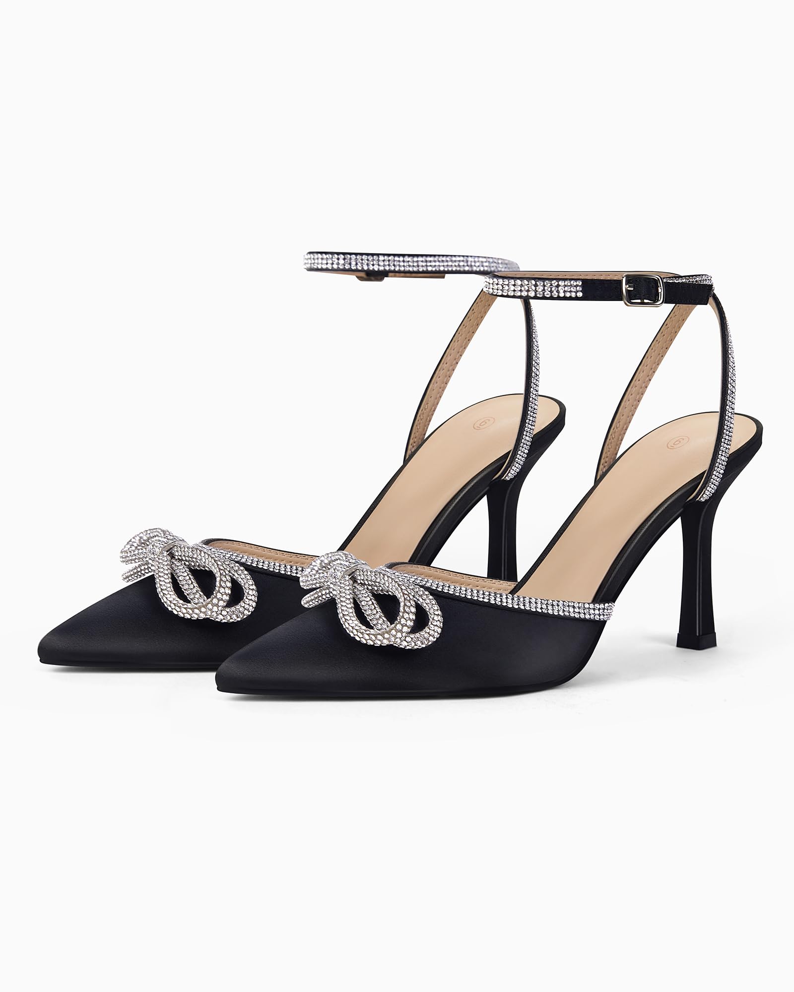 VETASTE Women's Double Bow Pointed Toe Ankle Strap Crystal Pumps Wedding Bridal Party Stilettos Backless Satin Heeled Sandals: 10 01-black