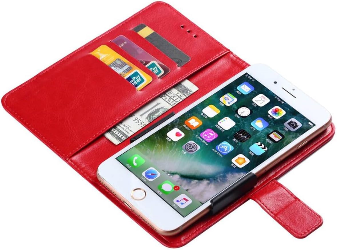 Red wallet case open with a phone inserted, showing card slots and cash pocket.