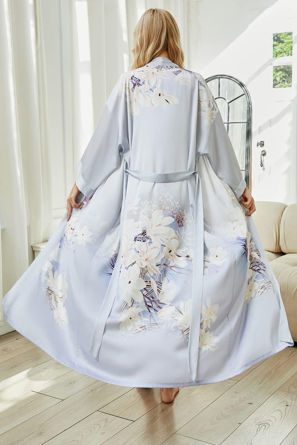 Women's Long Kimono Robe Floral Silk Robe Satin Silky Bathrobe Sleepwear Bridesmaid Wedding Robes - Image 6