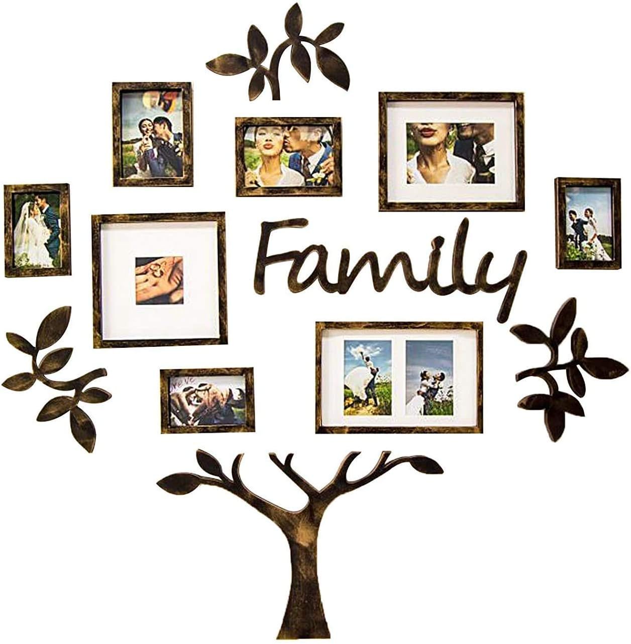 JM-Deco 13 Pack Family Tree Photo Frame Collection with Ivory Mat Set- Photo Size One 4''x4'' Five 4''x6'' Three 5''x7''- Brown-PVC-Wall Mounting Design