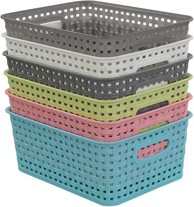 Rinboat Mixed Color Rectangle Storage Baskets, Plastic Weave Shelf Baskets, 6 Packs