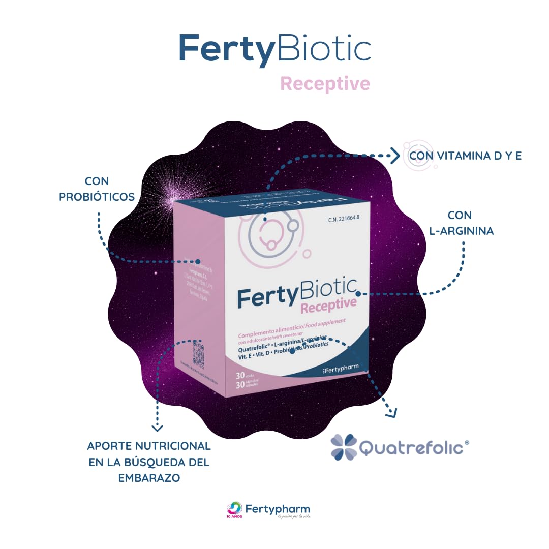 FERTYBIOTIC RECEPTIVE | Complemento alimenticio | L- Arginina, Vitamina D, E, Quatrefolic® y Probióticos novaFERT® | 30 sticks + 30 cápsulas