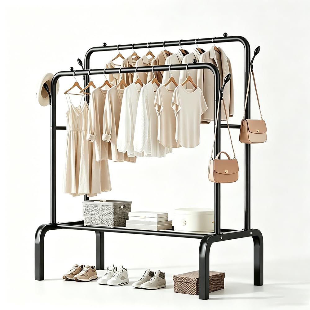 SCALVRION Clothes Rail,double-row metal clothes rack,movable with bottom shelf,black
