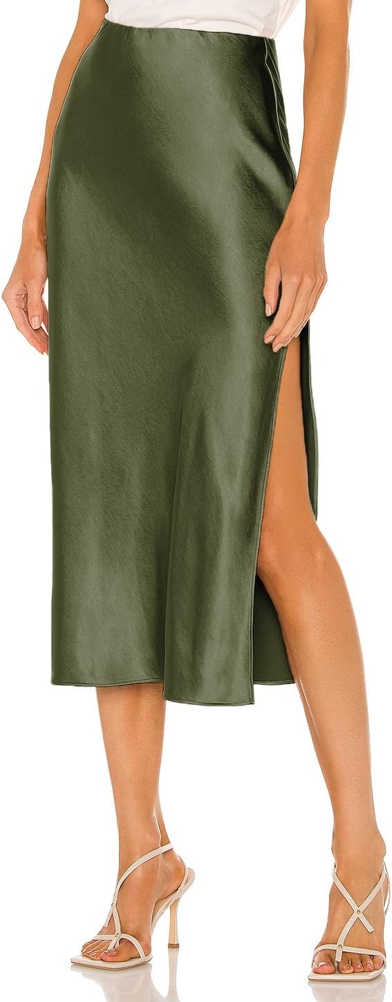 Skrtimory Womens Satin Silk High Waist Slit Midi Skirt Elastic Waistband Midi Skirts for Women