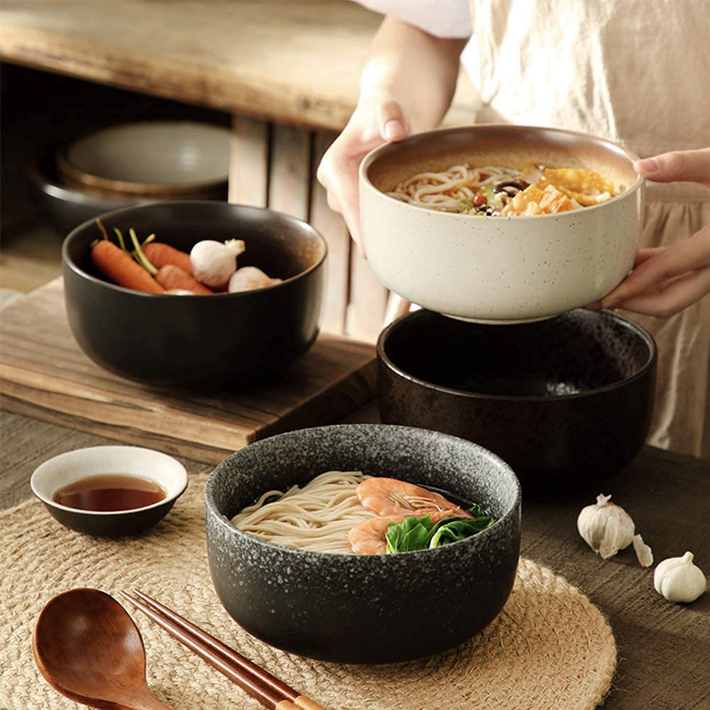 BERTY·PUYI Ciotola di Ramen Giapponese in Ceramica, Set di 2, 40 Once Grandi Ciotole Profonde, Ciotola di Zuppa di Noodle, Ciotola di Noodle Istantanei Creativa, Grande Ciotola di Noodle di Manzo-B