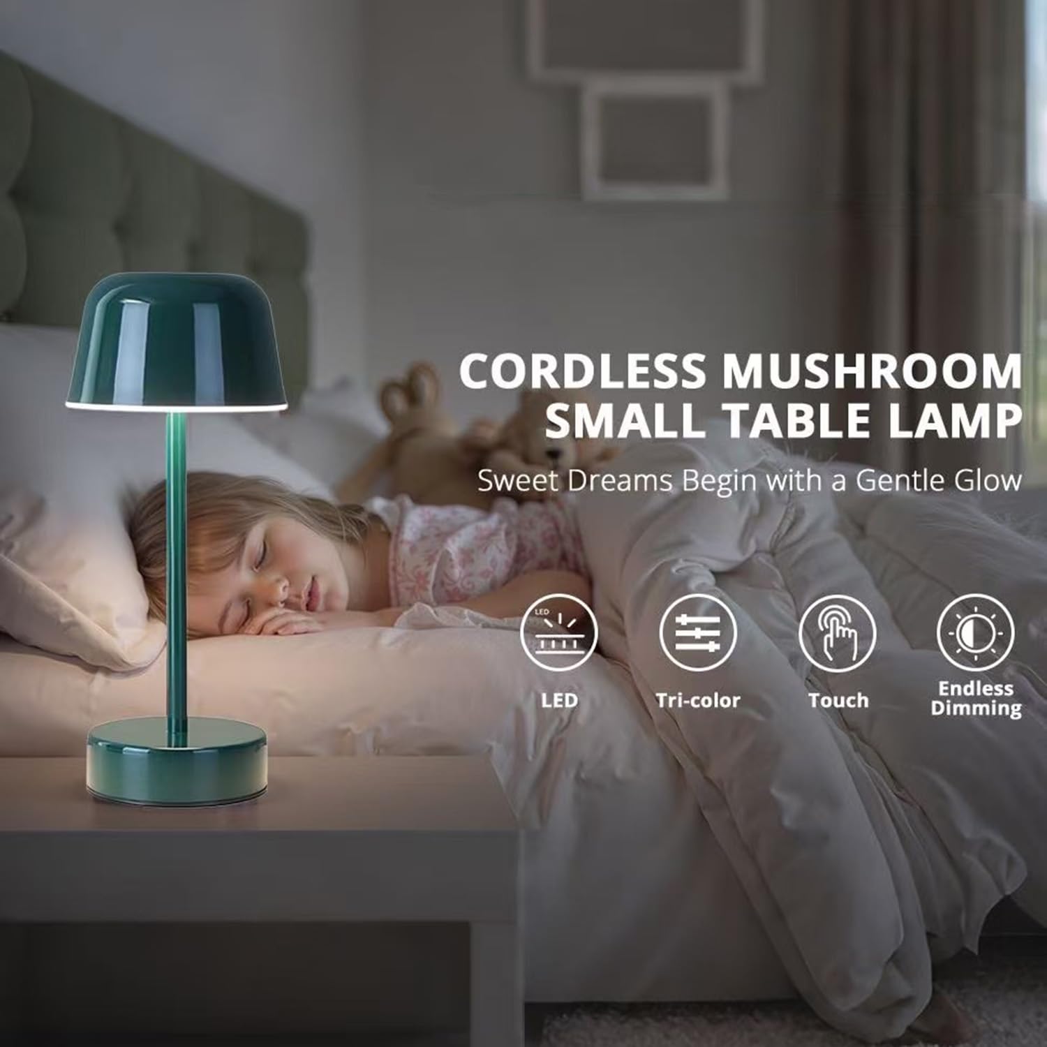 EaEa Lampe de Table LED Sans Fil, Lampe de Table Champignon Dimmable Tactile 3000K/4000K/5000K, Lampe de Chevet en Métal Rechargeable USB pour Salon, Chambre à Coucher, Hôtel,Vert
