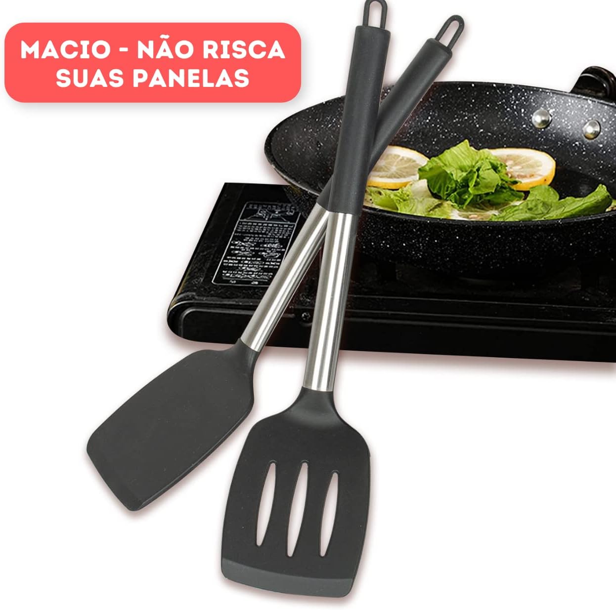 Kit 15 Utensílios De Cozinha Com Cabo De Inox e Silicone Premium (Preto)