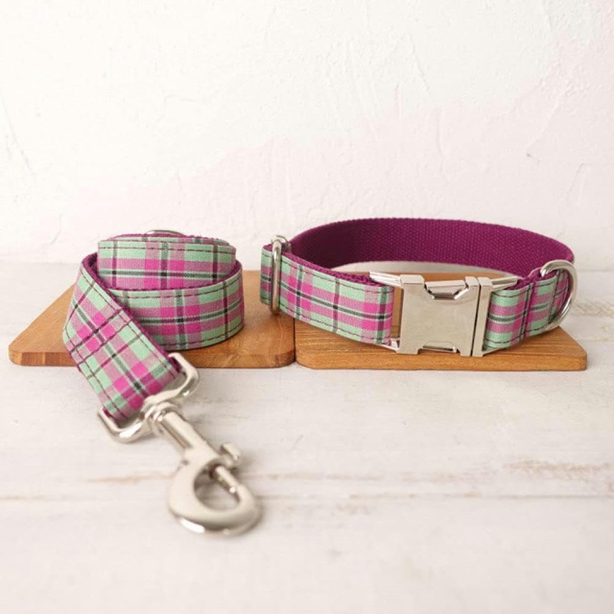 collare per cani viola menta plaid poly satin e nylon 5 taglie collare per cani, collare per cani papillon, xs-Set collare per cani guinzaglio-M