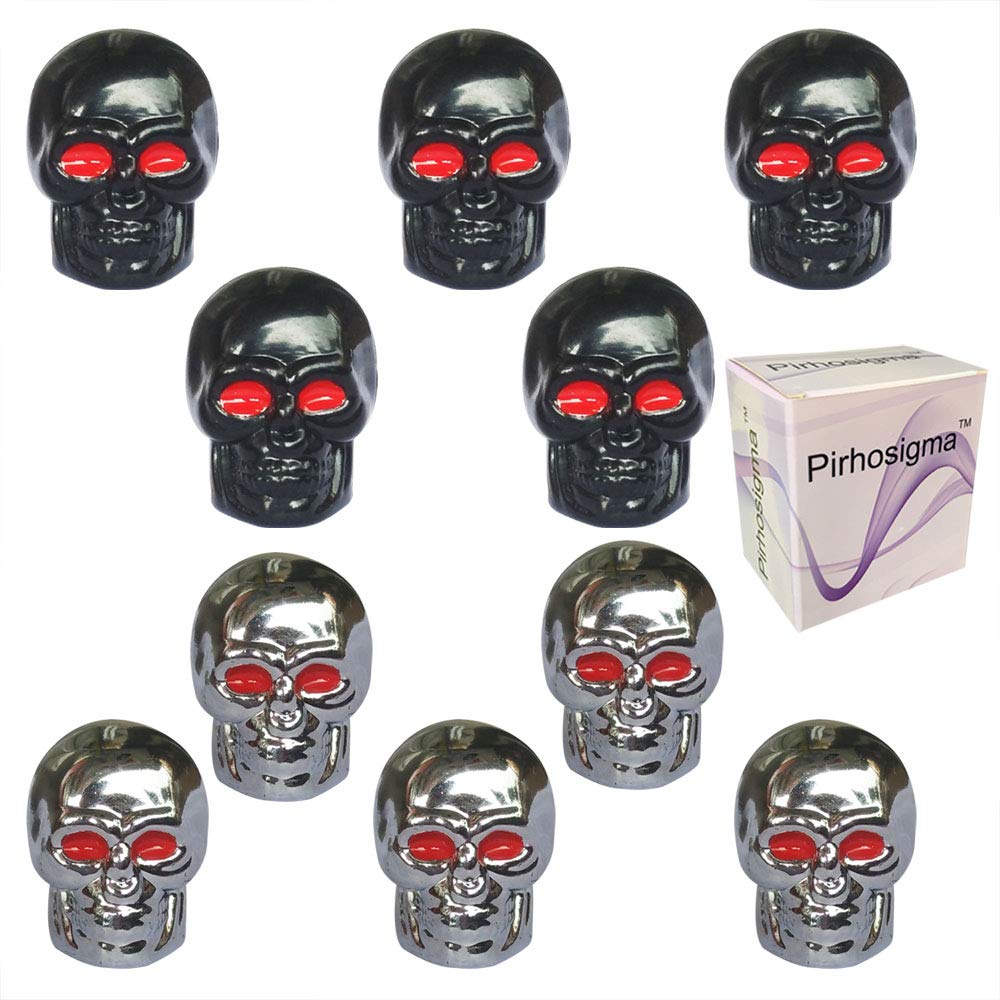 Pirhosigma Skull Style Shape Tires Valve Stem Caps Antirust Copper Core for Motorcycle Bike Car, 5 PCs Black and 5 PCs Silver (Total 10 PCs)