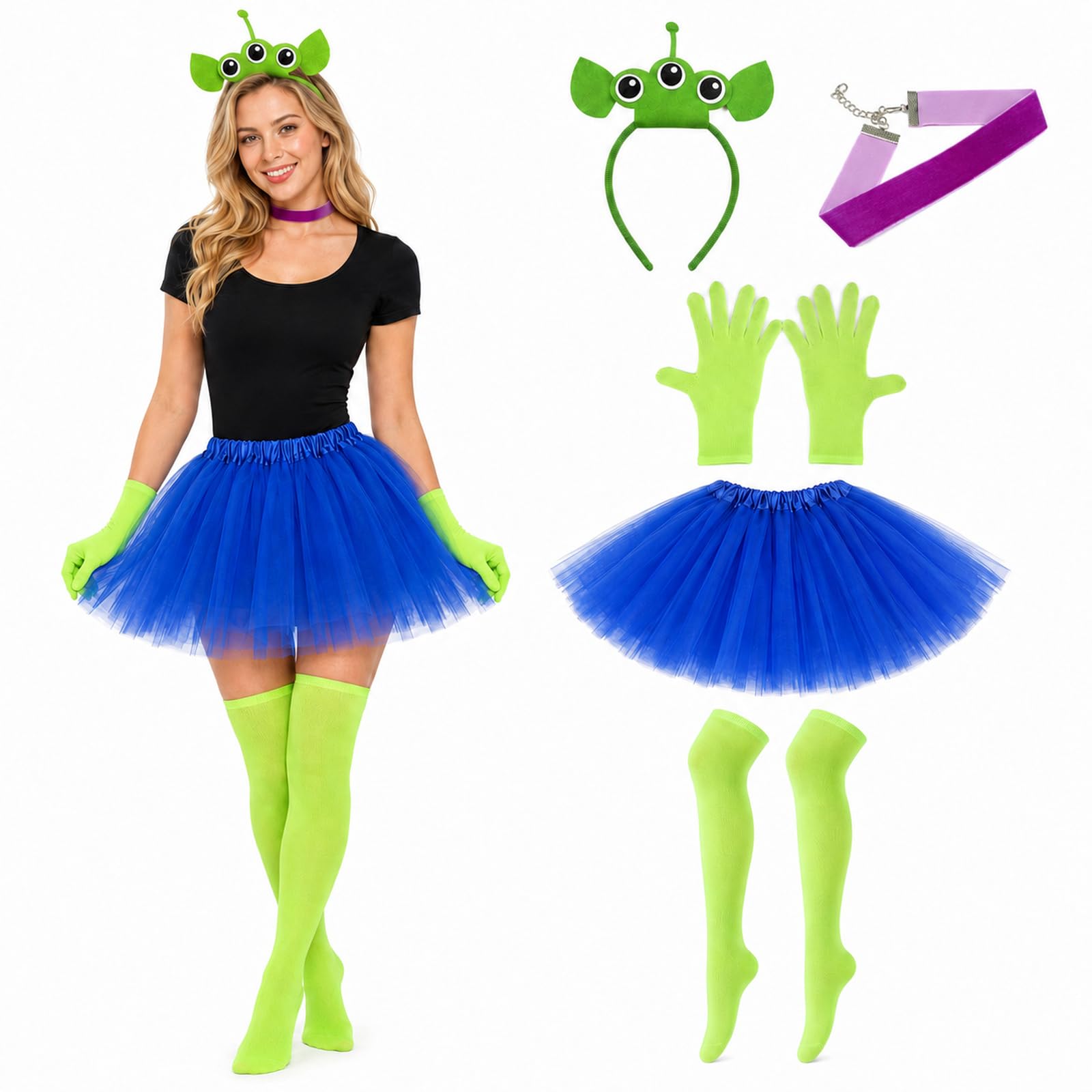 Boyigog Alien Costume 5Pcs Halloween Three-Eyed Alien Headband with Tutu Tulle Skirt Gloves Socks Cute Green Alien Headwear Outfit for Halloween Cosplay Party