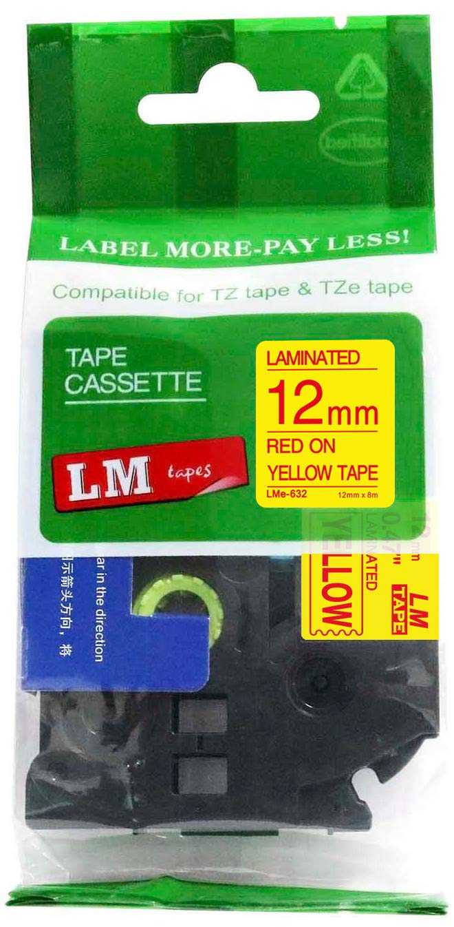 LM Tapes - Compatible with Brother PT-D210 Label Printer 12mm Red on Yellow Compatible TZe P-Touch Tape (1/2" 0.47 Laminated) for ptouch Model PTD210
