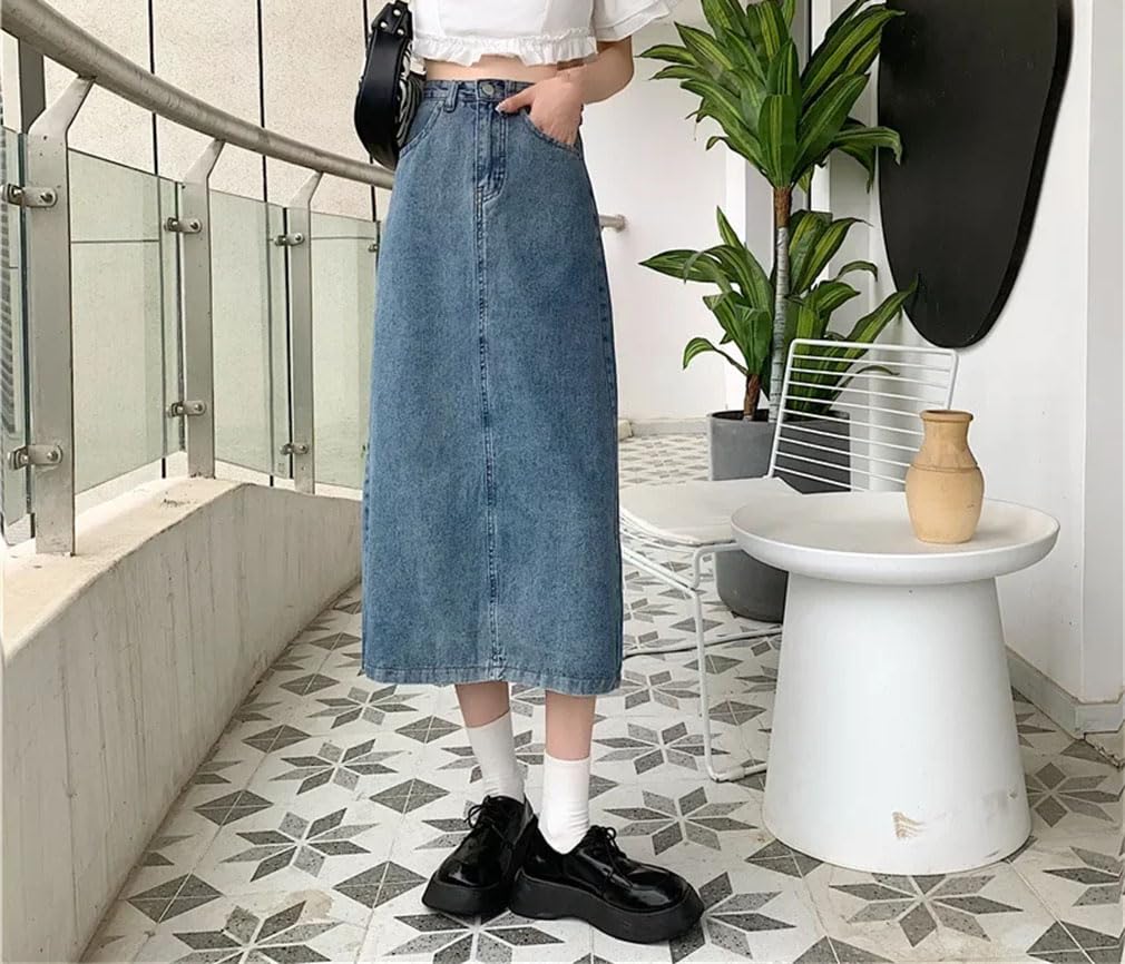 Jupe en jean mi-longue pour femme taille haute amincissante A-Line