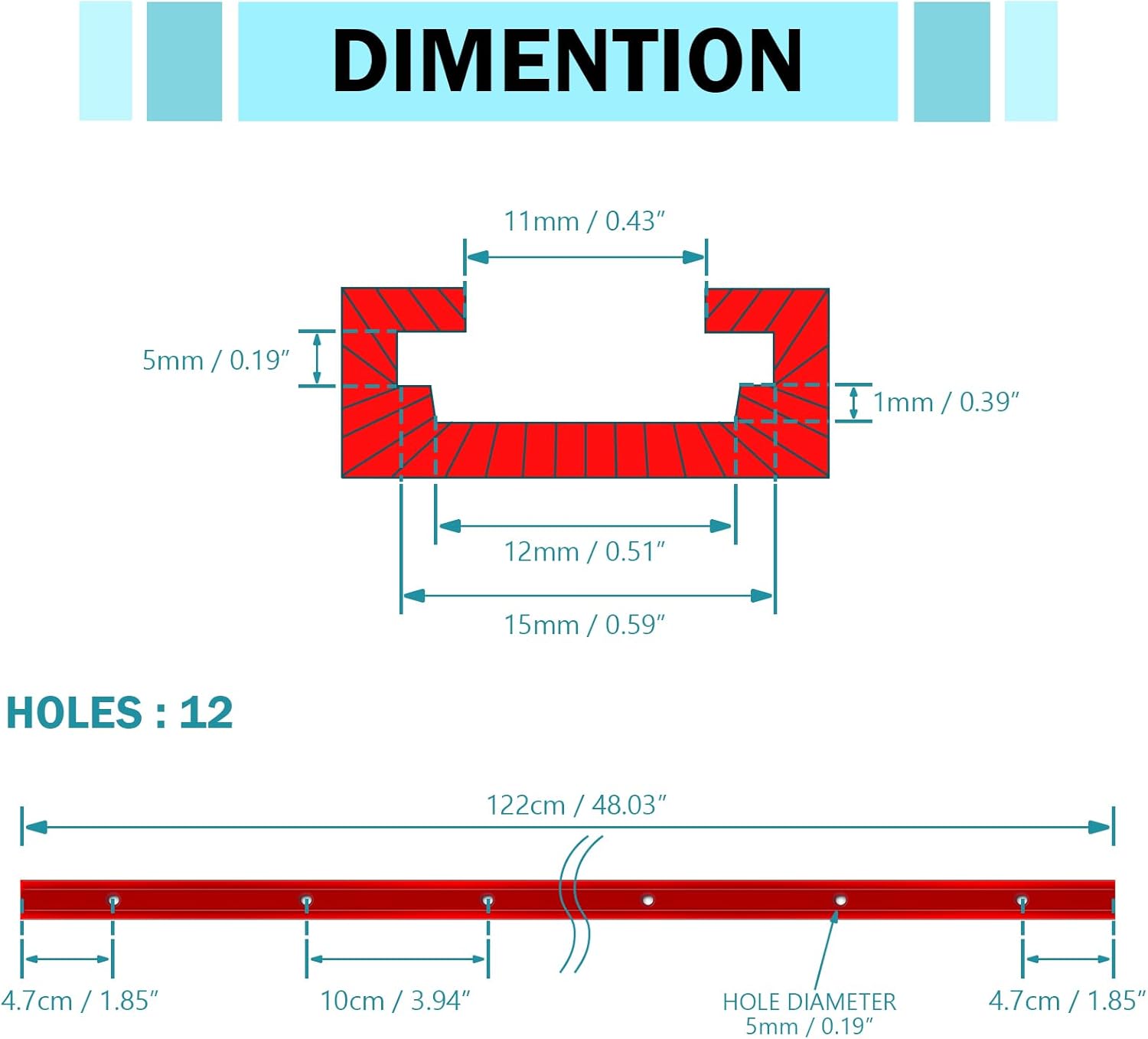 6P Aluminum 48" T Track for Woodworking | Double Cut Profile Universal T Rail Track for Drill Press Table, Router Table | Wood Screws Included | Red