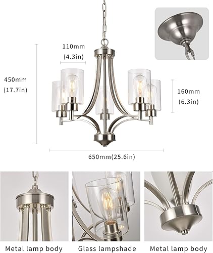 Miniatura 5 de BOZO Moderno candelabro de 5 luces de níquel cepillado para comedor con pantalla de vidrio transparente colgante de techo para cocina pasillo