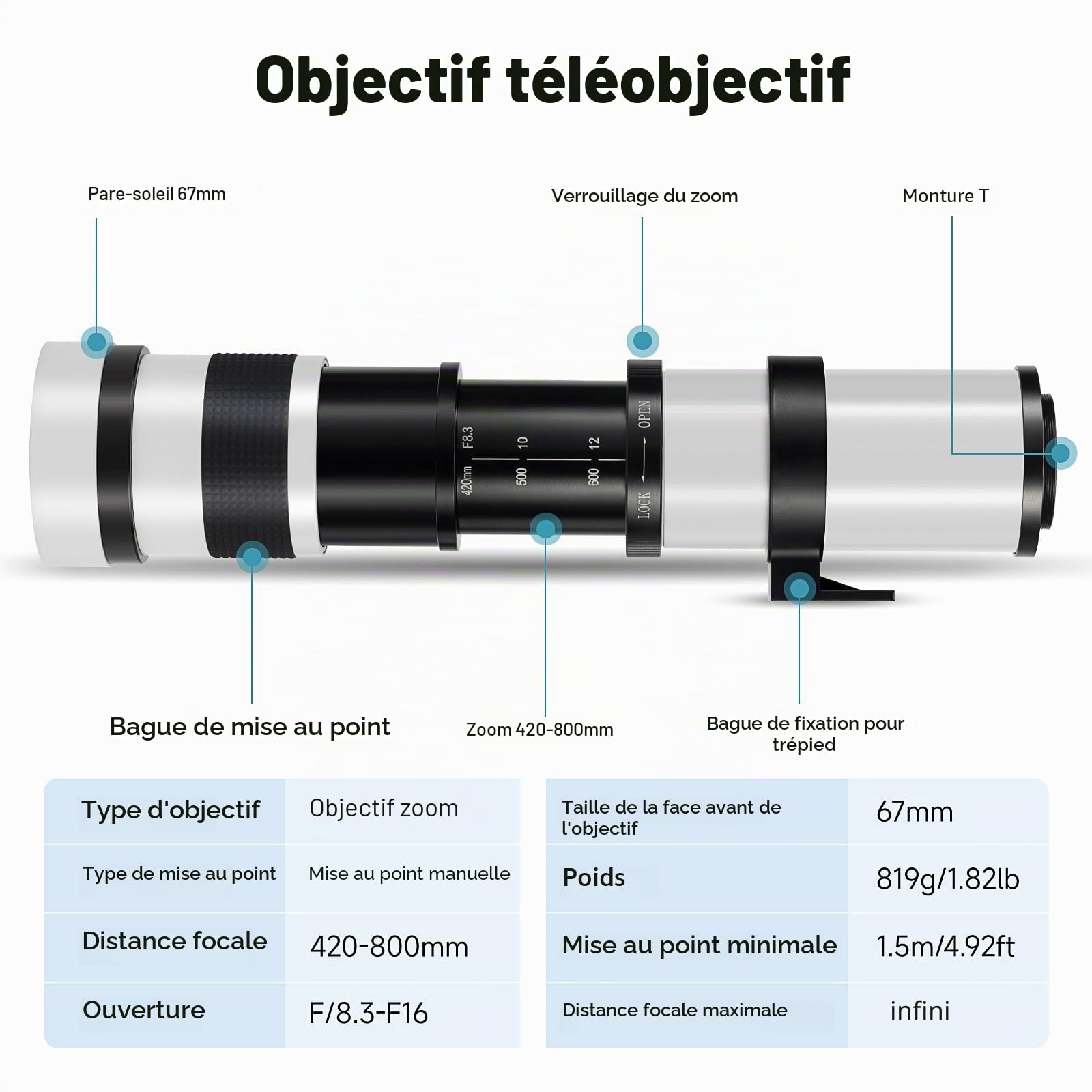 JINTU Téléobjectif 420-800mm EF Objectif Zoom Manuel pour Canon SLR Nikon
