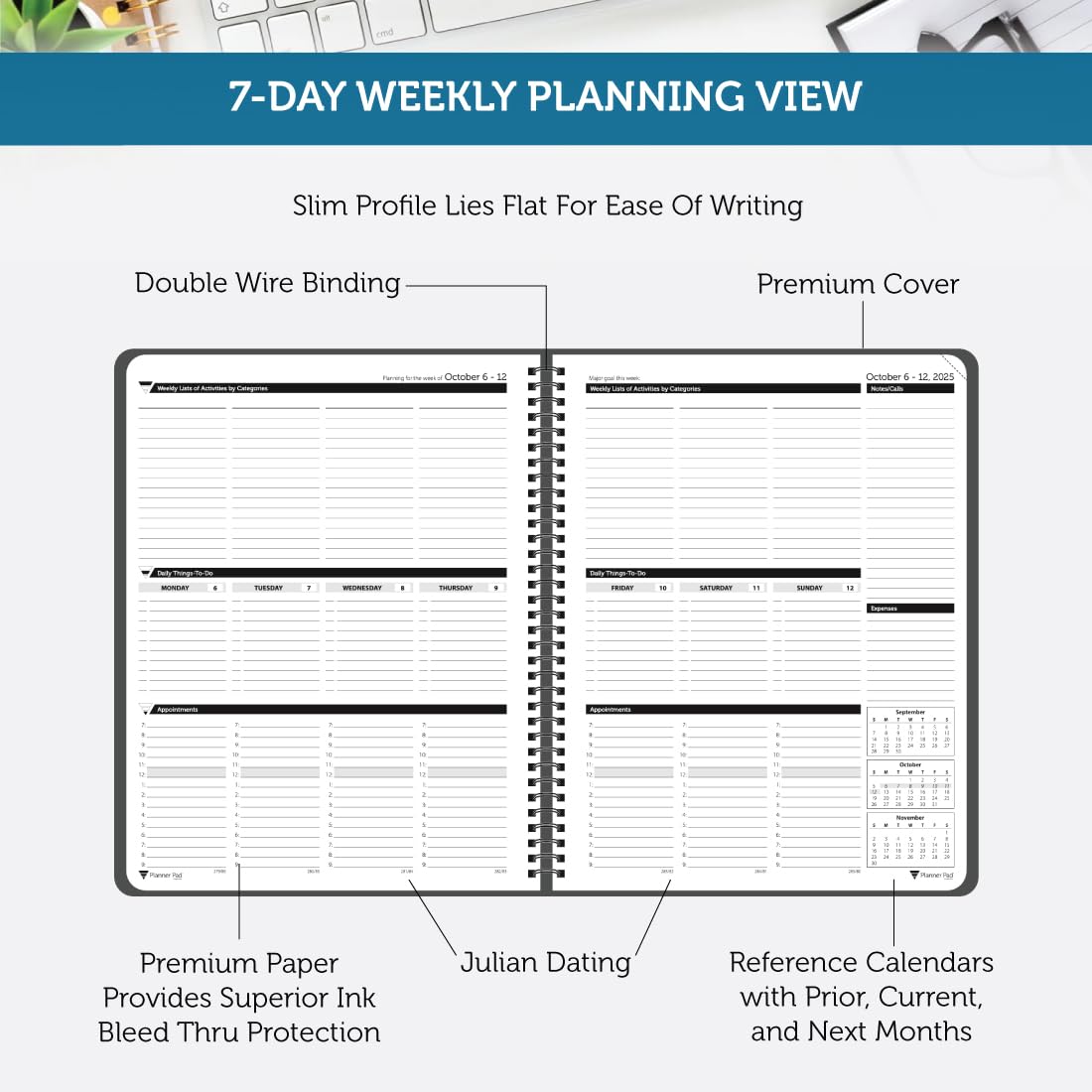 Planner Pad Organizador de 12 meses con embudo de 3 niveles encuadernado en espiral, octubre de 2025 a septiembre de 2026, cubierta negra/tinta negra, 8 1/2 x 11 pulgadas