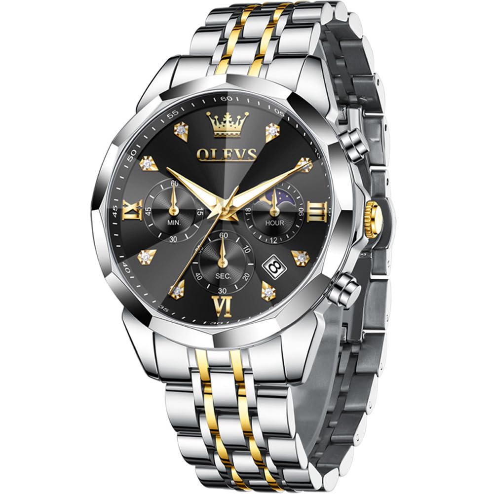 OLEVS Männer Uhr Quarz Luxus Business Uhren Multifunktion Chronograph Mondphase wasserdicht Leuchtend Edelstahl Armbanduhr