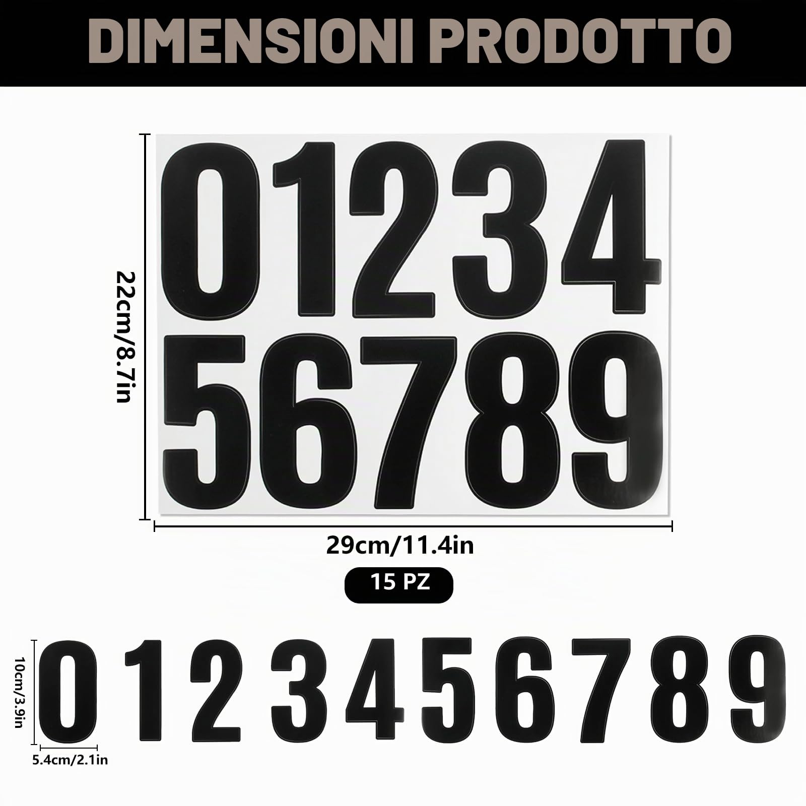 15 fogli di adesivi con numeri grandi, 10,2 cm, adesivi in vinile neri, impermeabili, numeri adesivi per bidoni con ruote, cassette postali, porte, camion, etichette adesive per interni ed esterni