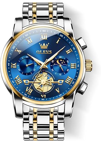 OLEVS Men's Wrist Watches Two Tone Stainless Steel Quartz Watch Diamond Chronograph Moon Phase Gold Blue Black Dial Male Watch Waterproof Luminous