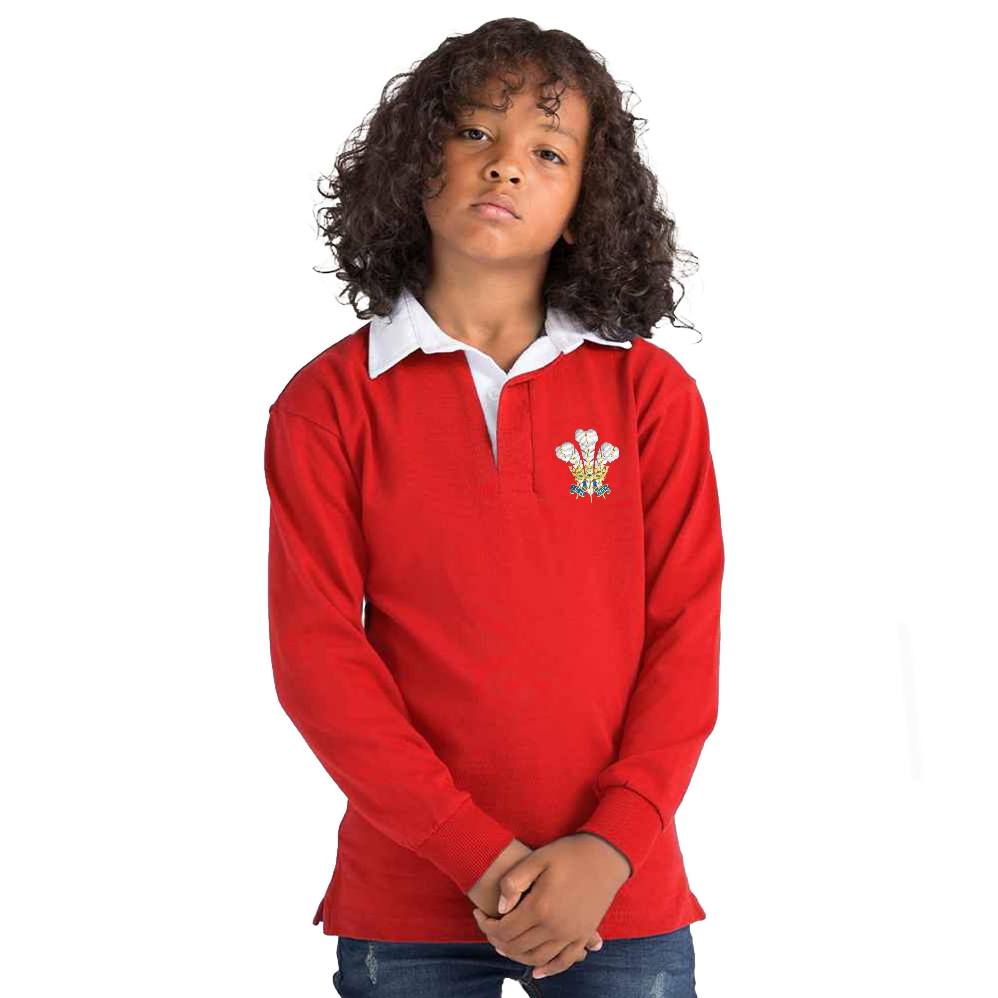 Walisisches klassisches Rugby-Shirt für Kinder, bestickt, Prinz von Wales, Federn, Jersey, Cymru Jungen