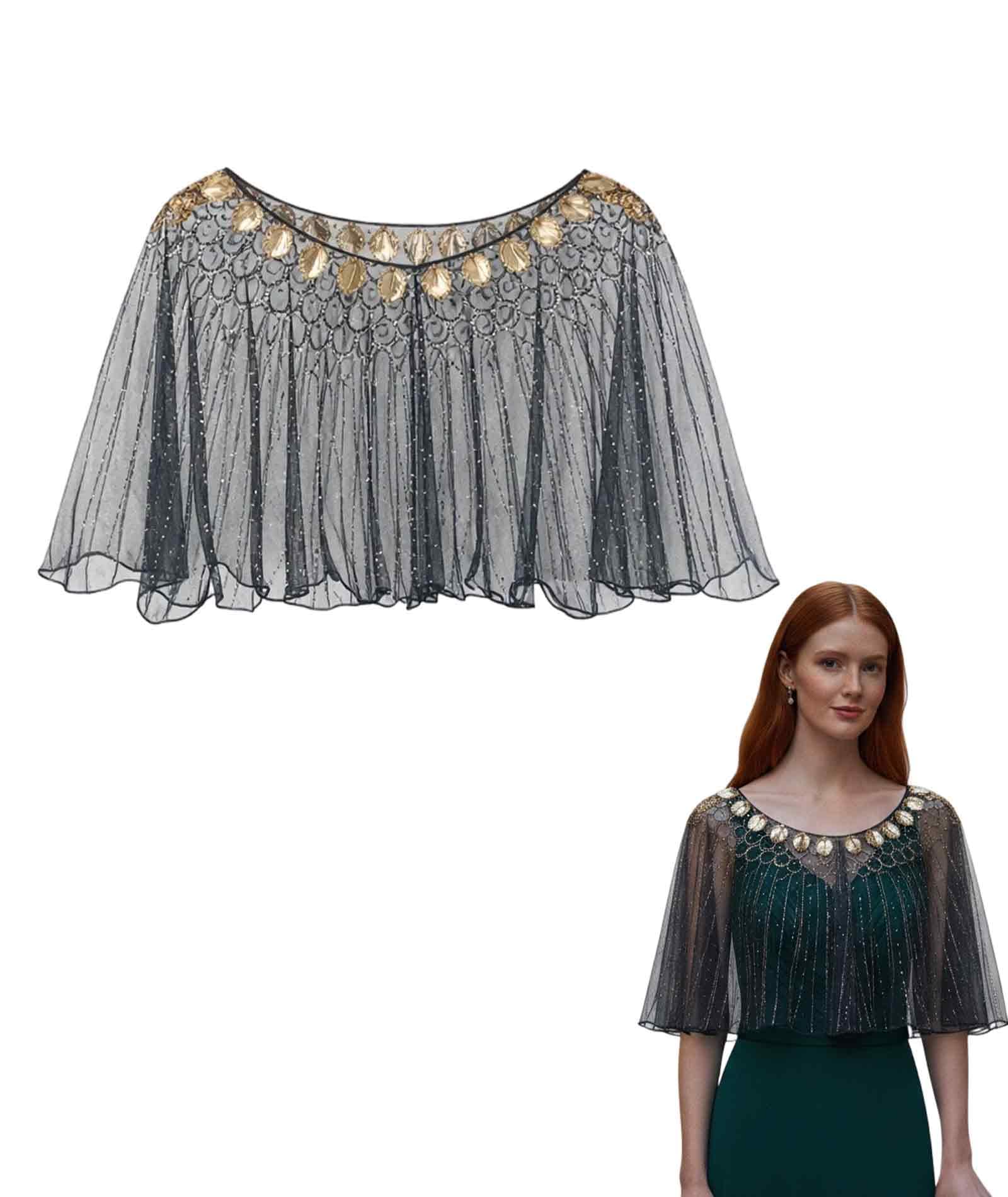 1 Piece Capes for Women Stylish, Lace Cape with Sequin Details, Elegant Shrug for Weddings and Evening Events, Cape Dress for Women (Black)