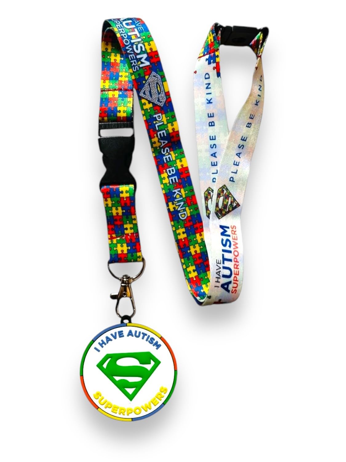 PAC Supplies Global Autism Awareness Lanyard & 3D Silicone Visual Disc Tag, 'I HAVE AUTISM SUPERPOWERS - Please Be Kind'