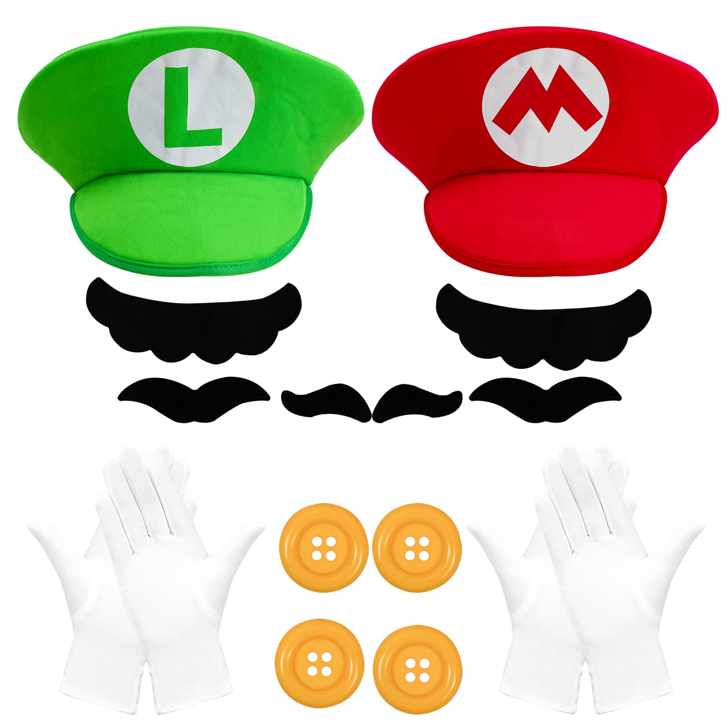 Jolbndcv M Bros Red Hat Luigi Green Hat with Gloves Buttons and Beard For Cosplay Costume