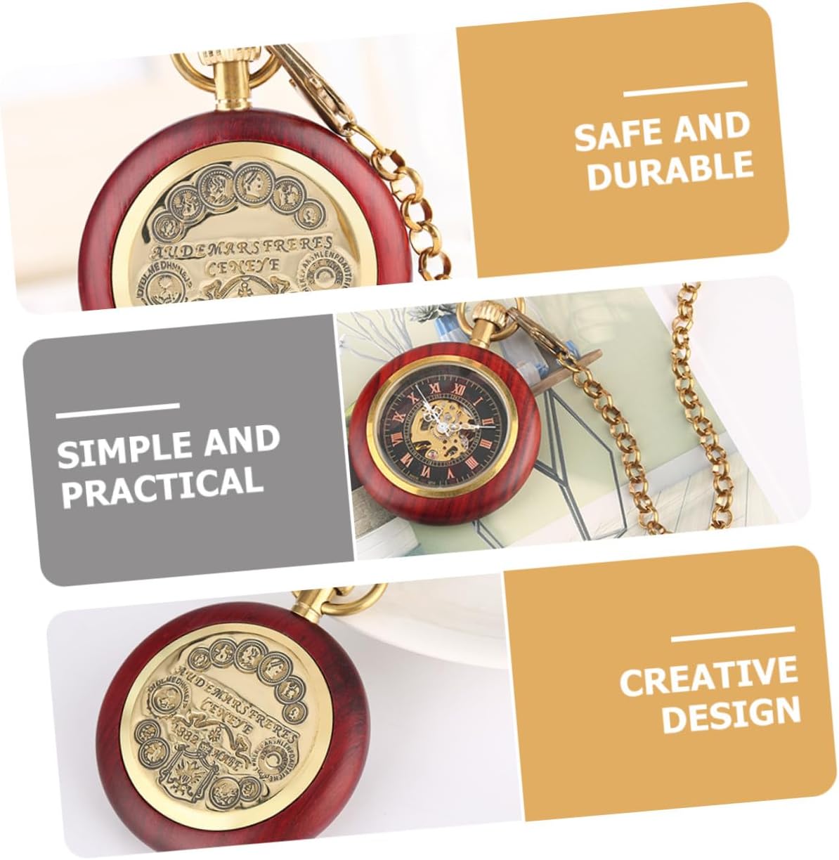Mechanical Pocket Watch with Chain Retro Antique Roman Numeral Dial Copper Textured Bezel Men’s Hanging Watch for Elderly and Vintage Style Accessories