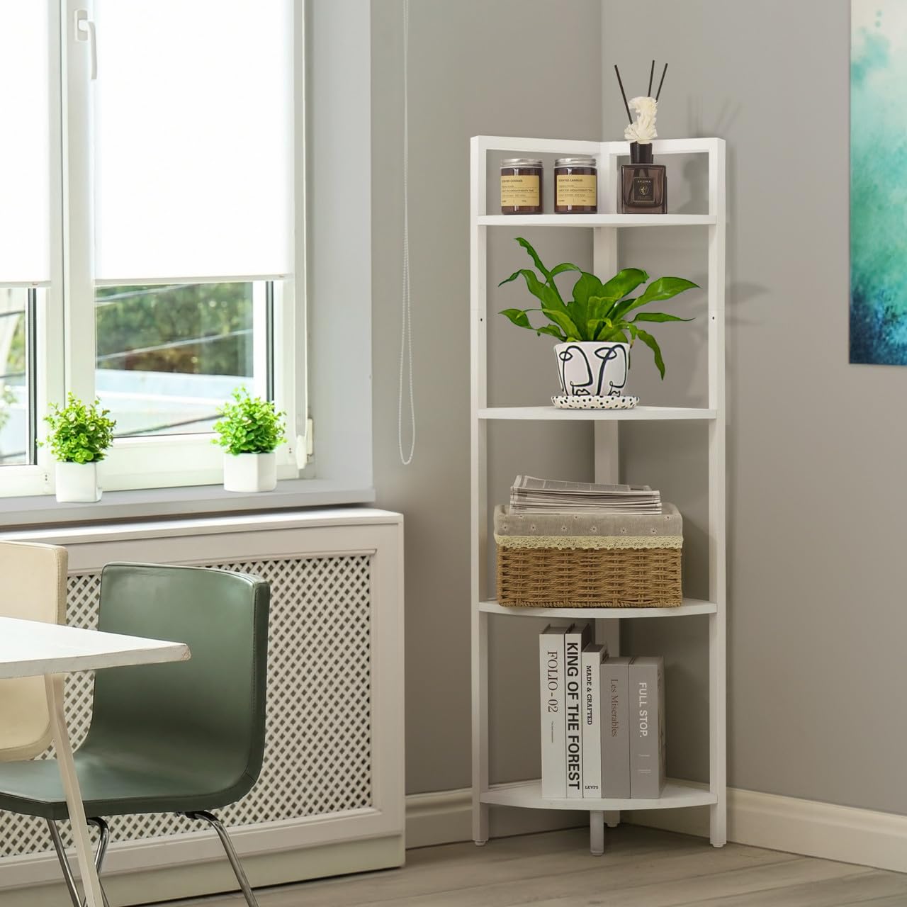 CAPHAUS 4 Tier Corner Shelf, 46.5-Inch Tall Corner Bookshelf, Metal Frame Display Rack, Round Corner Shelf Unit Rack, Small Corner Stand for Bathroom,